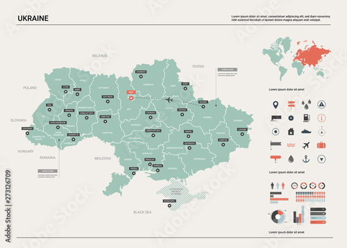 Vector map of Ukraine. Country map with division, cities and capital Kiev. Political map, world map, infographic elements.