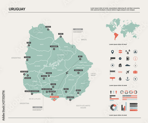 Vector map of Uruguay. Country map with division, cities and capital Montevideo. Political map, world map, infographic elements.