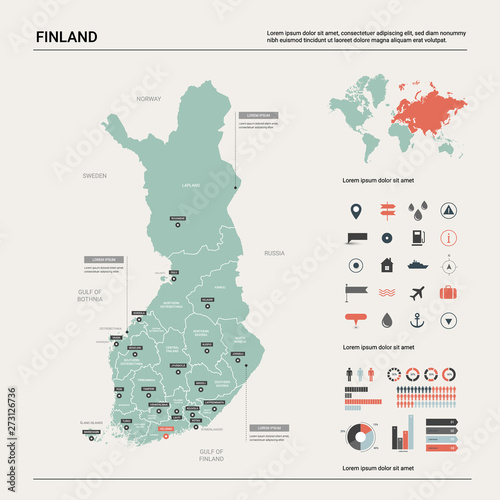 Vector map of Finland. Country map with division, cities and capital Helsinki. Political map,  world map, infographic elements.
