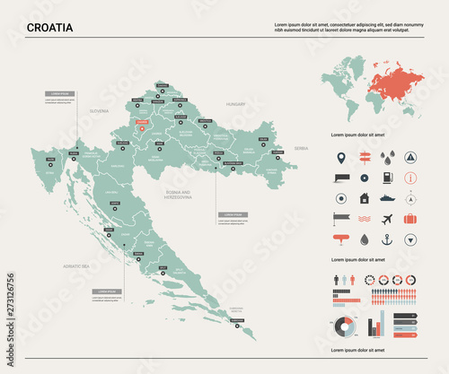 Vector map of Croatia. Country map with division, cities and capital Zagreb. Political map, world map, infographic elements.