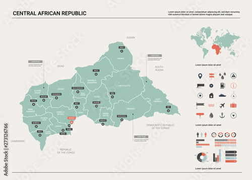 Vector map of Central African Republic. Country map with division, cities and capital Bangui. Political map, world map, infographic elements.