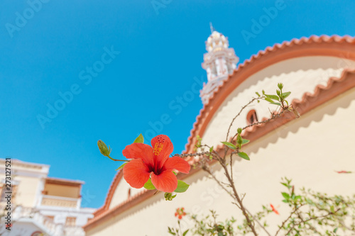 Flower and famous monastery Panormitis on the island of Symi, Greece. Dodecanese sightseeing and mediterranean sea travel concept photo