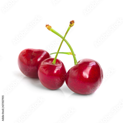 Closeup of fresh cherries isolated over white, clipping path