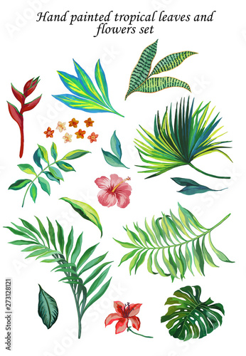 Wallpaper Mural hand painted with gouache troplical isolated set with compilation of tropic foliage and flowers. Monstera leaf, areca palm leaf, fan palm leaf, pink hibiscus, small flowers, red heliconia flower. Torontodigital.ca