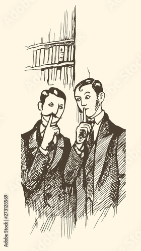 Man and woman gossip by the river characters macabre noir people emotions conspiracy sneak whisper snitch out denunciation