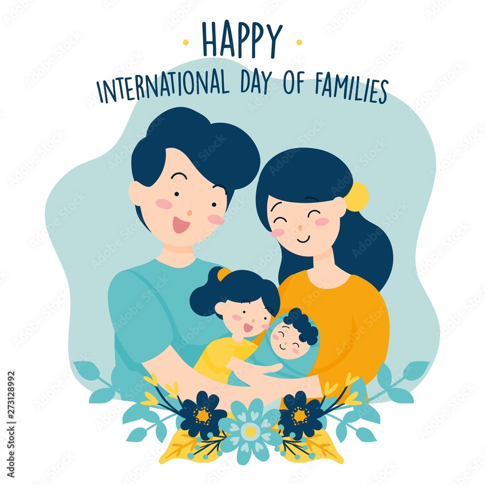 Hand drawn International Family Day / International day of Families with Flower Wreath Love Background - Father Mother Daughter Son Baby Vector Illustration Hand drawn International Family Day / International day of Families with Flower Wreath Love Background - Father Mother Daughter Son Baby Vector Illustration