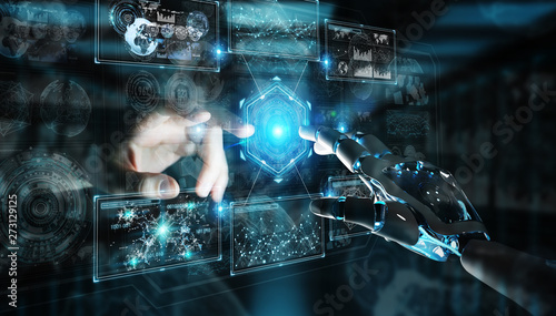 Wallpaper Mural Robot hand and human hand touching digital graph interface 3D rendering Torontodigital.ca