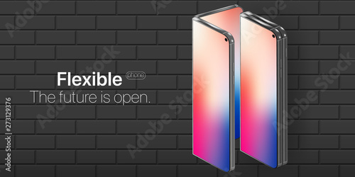 Flexible phone. Concept new technology in phone industries. Flexible display of mobile phone bended hanging over wall. New technology transforming phone into a tablet.