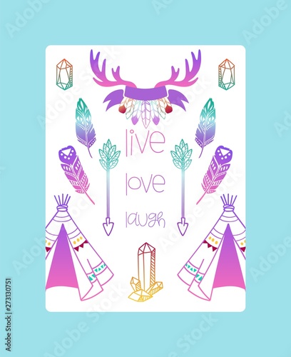 Boho poster, banner vector illustration. Scull, plants such as flowers with leaves, branch, feather with ornament, ethnic tribal eyes, shell, head. Free bohemia spirit wild soul.