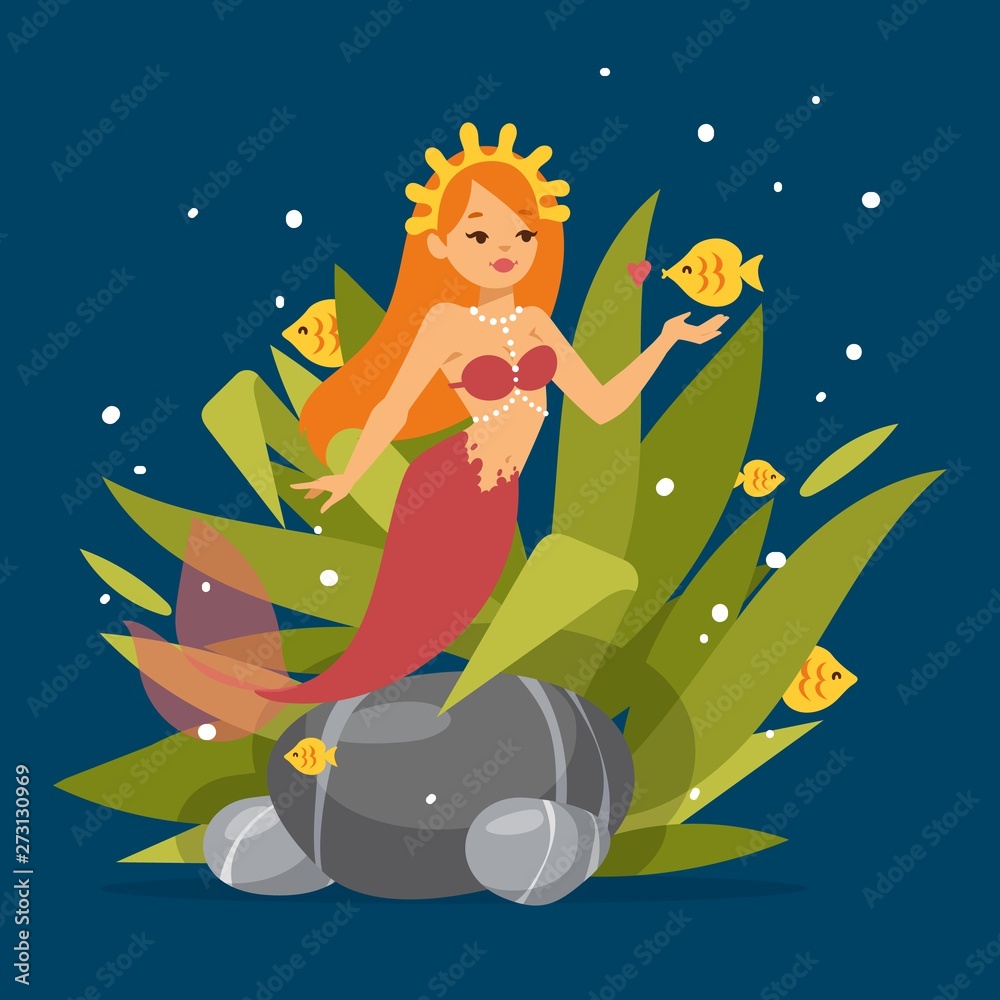 Cute mermaid princess with red hair and other under the sea elements such as fish, seaweed,stones and shells banner vector illustration. Cartoon beautiful girl with fin and bra.