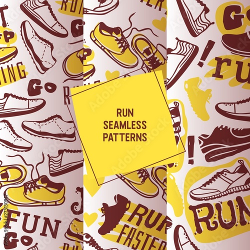 Run faster set of seamless patterns vector illustration. Sport shoes, sneakers for training, fitness. Running shoes, trainers. Healthy lifestyle. Race or marathon. Motivational concept