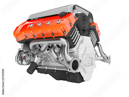 Car engine cast iron red with starter 3d render on white background no shadow