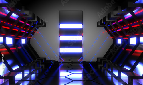 Fototapeta Naklejka Na Ścianę i Meble -  3d abstract neon room. alien reactor. spaceship. datacenter concept. 3d illustration
