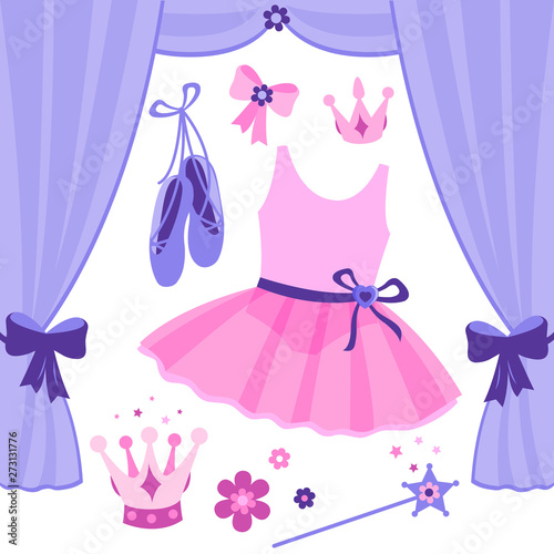 Cute ballerina dancer girl dress and ballet shoes. Vector illustration set