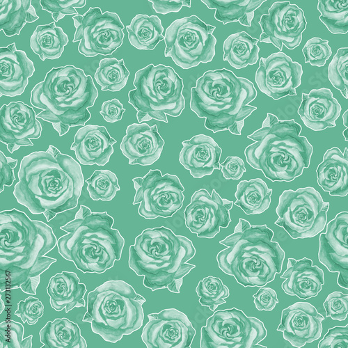 Seamless pattern of different roses   randomly arranged on a green background.