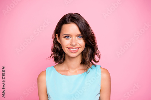 Close up photo amazing beautiful she her lady attractive appearance show ideal white teeth plump allure tempting lips wear cute shiny colorful blue dress isolated pink rose bright vivid background