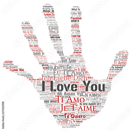 Vector conceptual sweet romantic I love you multilingual message hand print stamp word cloud isolated background. Collage of valentine day, romance affection,  happy emotion or passion lovely concept