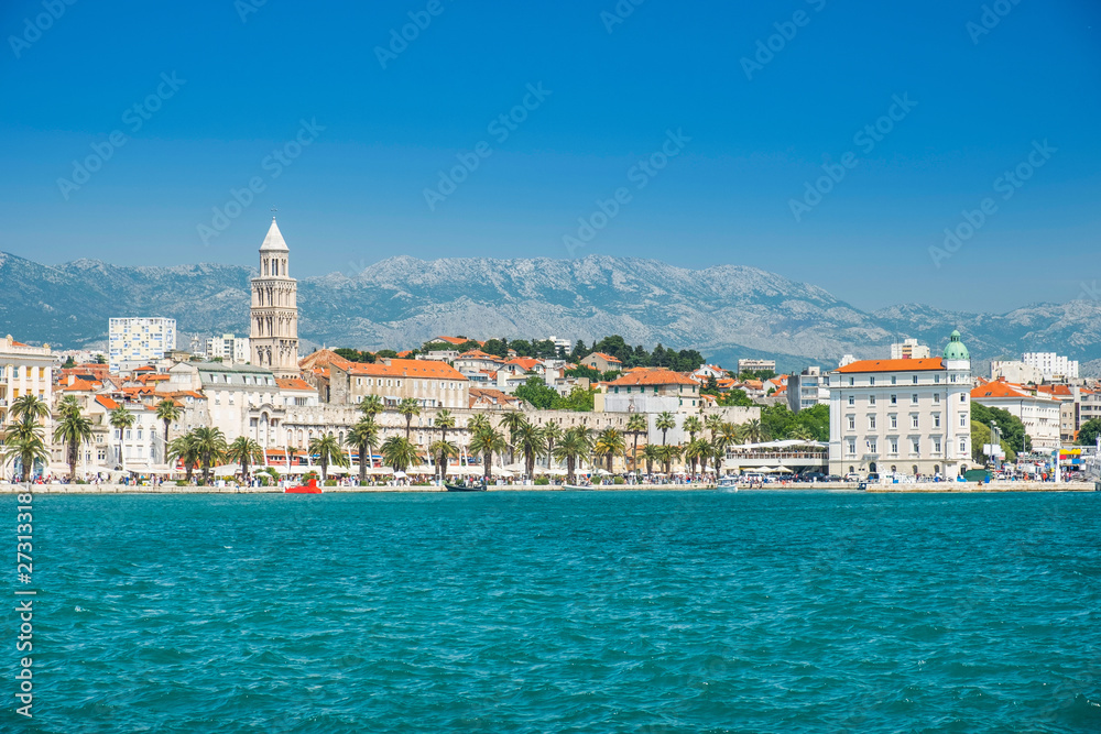 Split, Croatia, view on waterfront and marina, cathedral and Diocletian's palace in background