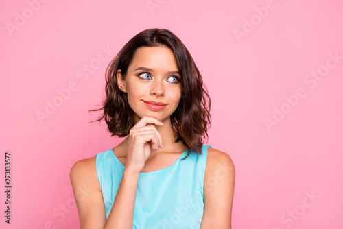 Close up photo amazing beautiful she her lady attractive appearance look wondered empty space listen groupmates hand chin wear shiny colorful blue dress isolated pink rose bright vivid background