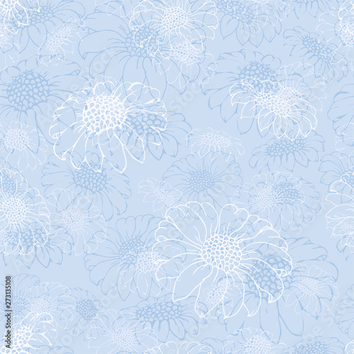 Vector chrysanthemum. Seamless pattern of golden-daisy flowers. Monochrome template for floral decoration, fabric design, packaging or clothing. Blue background