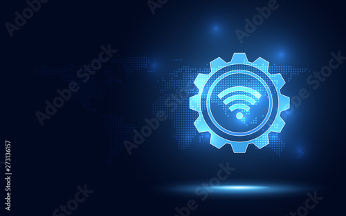 Futuristic blue wireless connection abstract technology background. Artificial intelligence digital transformation and big data concept. Business quantum internet network communication concept