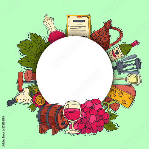 Wine taste club round pattern vector illustrations glass wine grape bottle. Tasting events menu. Vector alcohol drink background traditional food champagne. Wineglass business celebrate invitation.