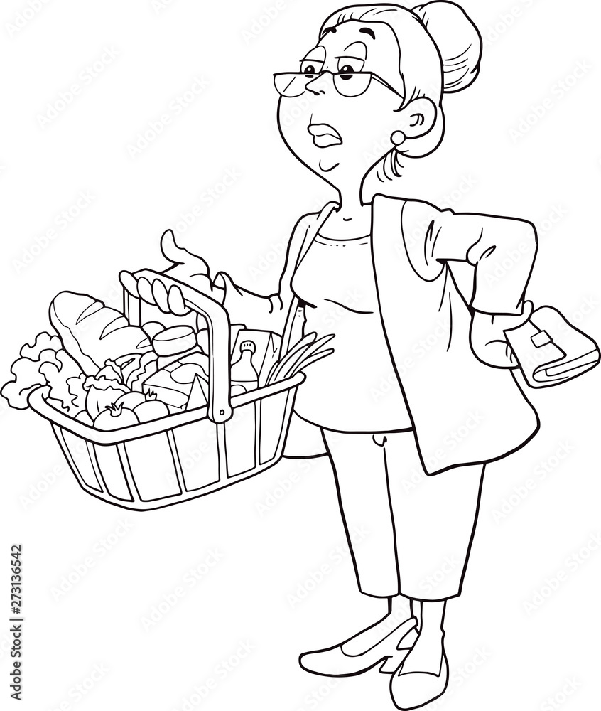 Woman holding a shopping basket full of groceries
