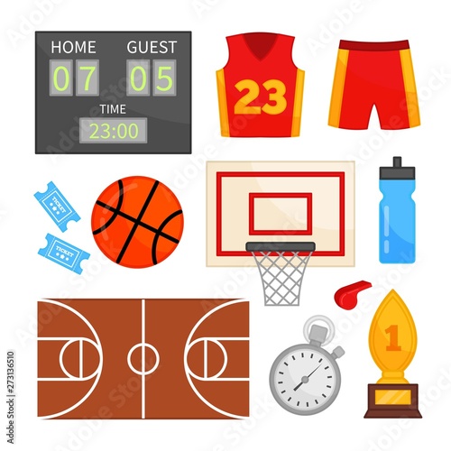Vector set of basketball icons. Ball, basketball hoop, sportswear and other basketball symbols.