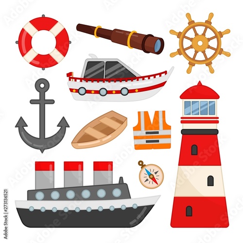 Vector set of icons on the marine theme. Myaltyashnye illustrations of ships, lighthouse, steering wheel, telescope and other symbols of navigation.