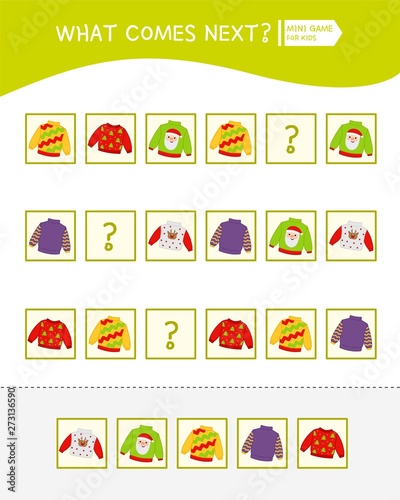 What comes next educational children game. Kids activity sheet, Cartoon sweaters.