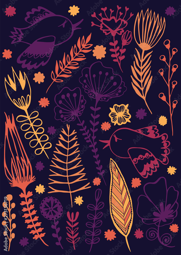 Flowers and birds flying set of contours color vector illustration hand drawing Flowers and birds flying set of contours color vector illustration hand drawing