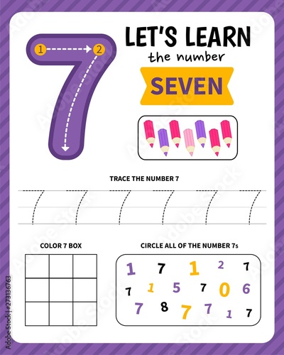 Kids learning material. Worksheet for learning numbers. Number 7. 