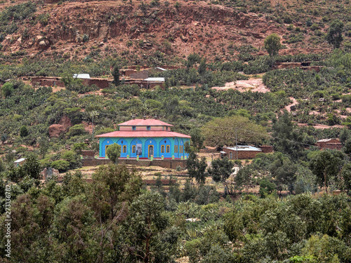 Landscape in mountainous Ethiopia with blue mosque. Ethiopia