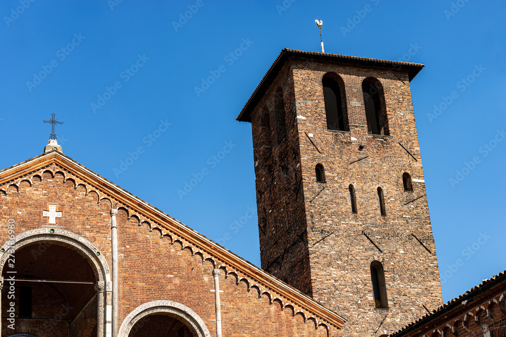 Ancient basilica of Saint Ambrogio (Ambrose), 379-1099, detail of the facade in Lombard Romanesque style. Milan, Lombardy, Italy, Europe