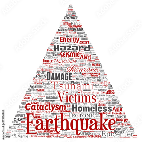 Vector conceptual earthquake activity triangle arrow word cloud isolated background. Collage of natural seismic tectonic crust tremble, violent tsunami waves risk, tectonic plates shifting concept