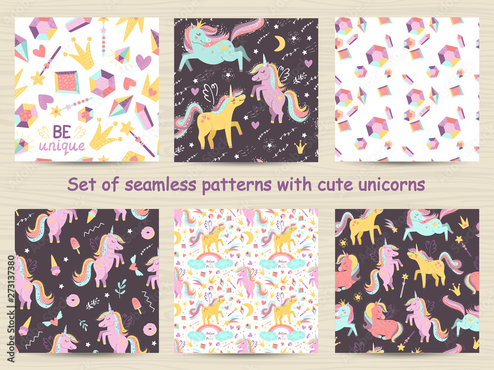 Set of seamless patterns with cute unicorns