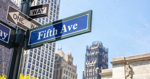 Vászonkép 5th ave, Manhattan New York downtown. Blue color street signs,