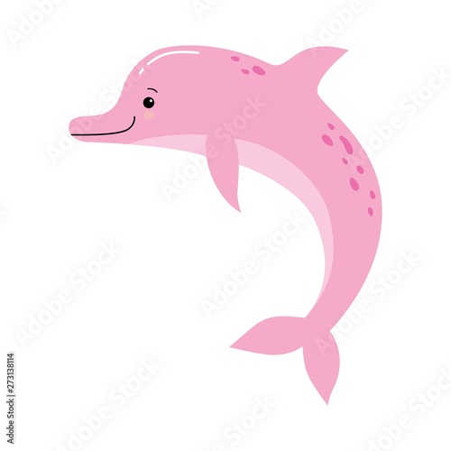 Vector cute illustration of a funny pink dolphin jumping fun on a white background