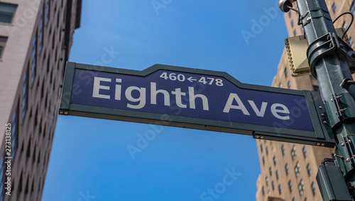 8th ave, Manhattan New York downtown. Blue color street signs,