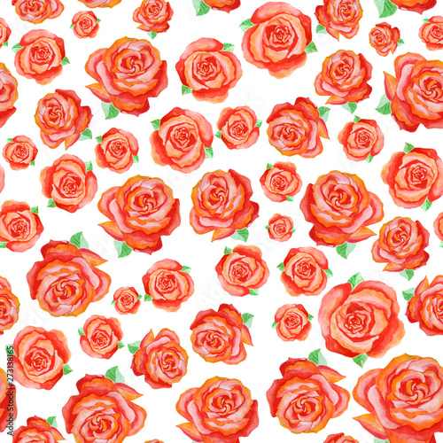 Seamless pattern of different red roses with green leaves on a white background.