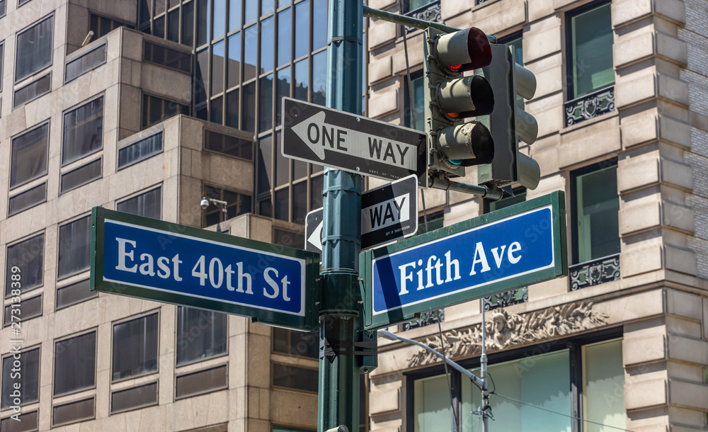 5th ave and E40 corner. Blue color street signs, Manhattan New York downtown