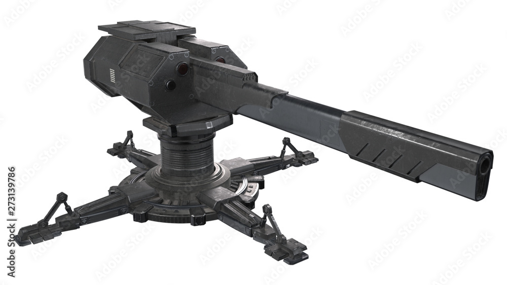 Scifi turret 3d rendering over white background