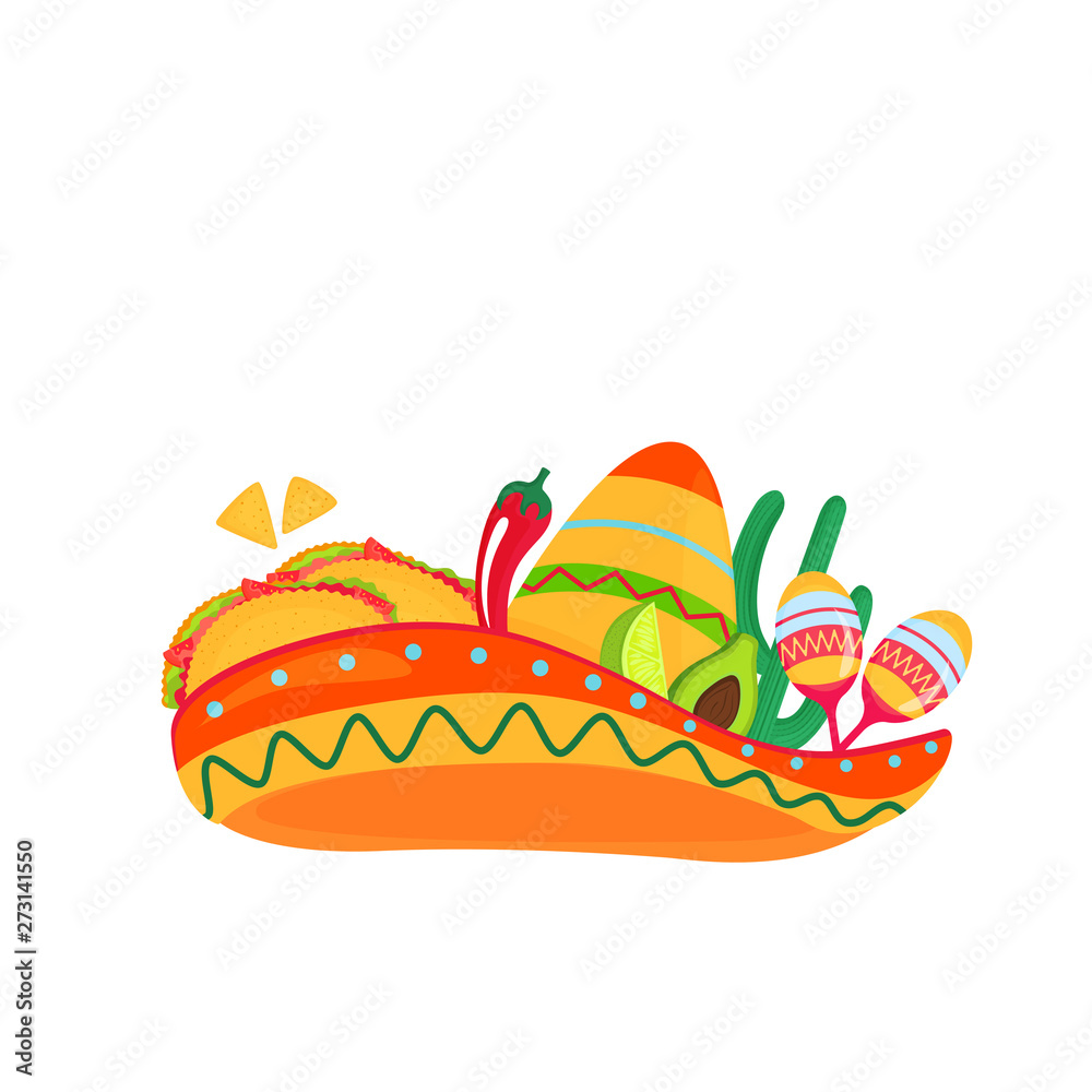 Sombrero with maracas and traditional mexican food taco, avocado, lime, nachos, chili