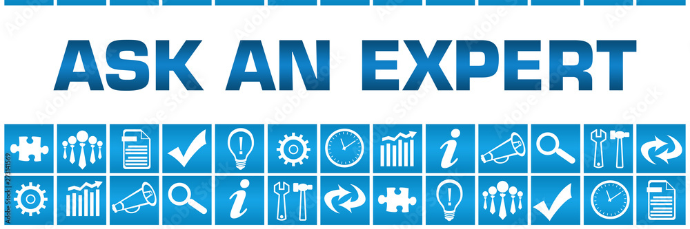 Ask An Expert Blue Box Grid Business Symbols 