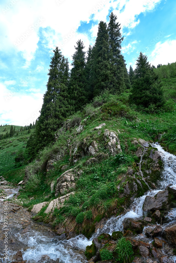 River near butakovsky waterfall near Almaty, landscape nature stone River near butakovsky waterfall near Almaty, landscape nature stone