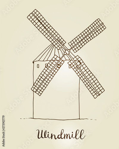 Windmill vector drawing, hand drawn sketch of mill isolated on beige background