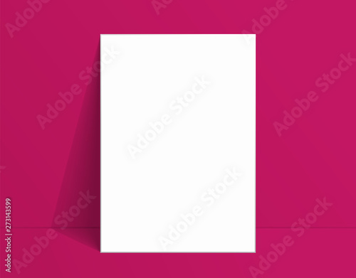 White poster mockup standing on the floor near pink color wall. Blank Canvas Mockup for design