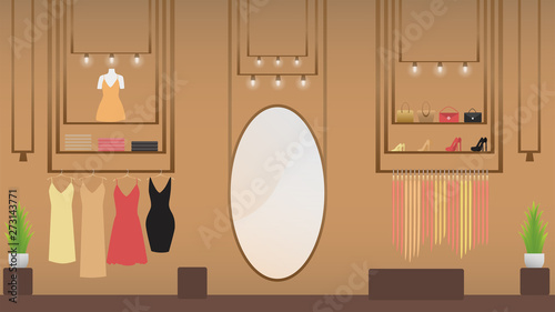 Vector clothing shop. Wardrobe and mannequin with woman clothes. Women's clothing store. Women's stuff on hangers. Vector illustration