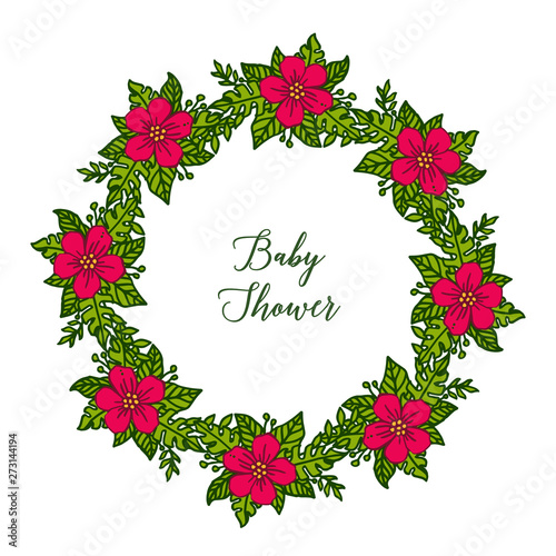 Vector illustration baby shower with red wreath frames isolated on white backdrop