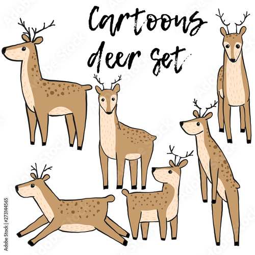 Vector set of hand draw illustration of deers in different poses on white background in scandinavian style. Collections of funny  reindeer in cartoons style.  Doodles stug in different situation.